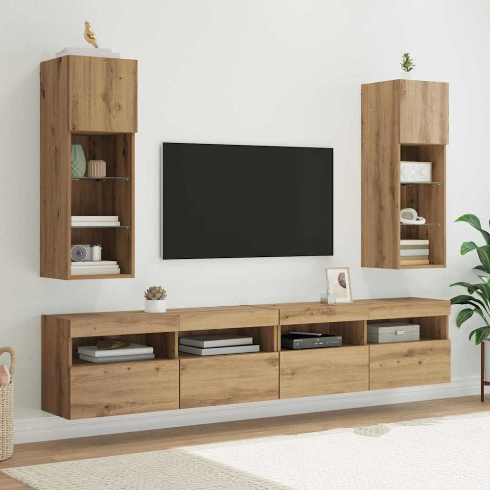 vidaXL Single Door 3 Shelf Artisan Oak Wall Mounted LED TV Unit Image 8