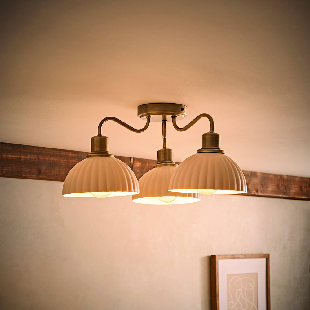 ValueLights Bourton 3 Arm Cream Ribbed Dome Shade Brushed Gold Ceiling Light with Bulb Image 6