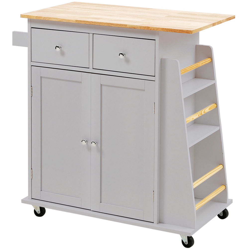 H&O Direct 2 Door 2 Drawer Grey Rubberwood Top Kitchen Trolley with Wheels Image 1
