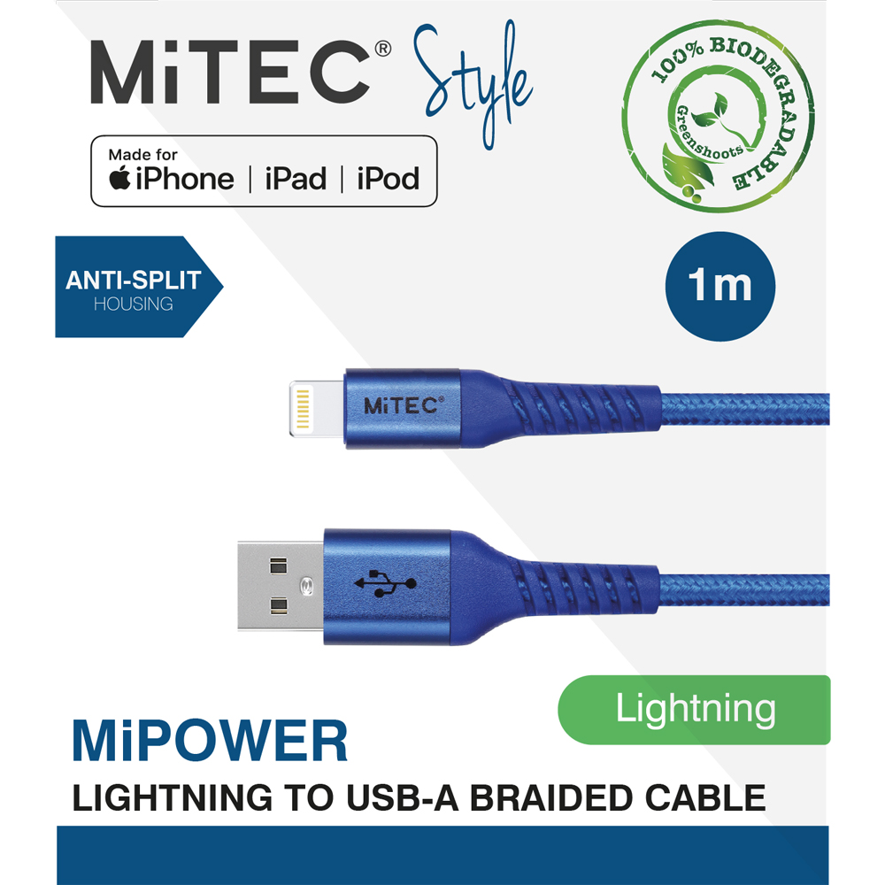 MiTEC STYLE MiPOWER Blue Braided Lightning to USB-A Cable 1m Image 2