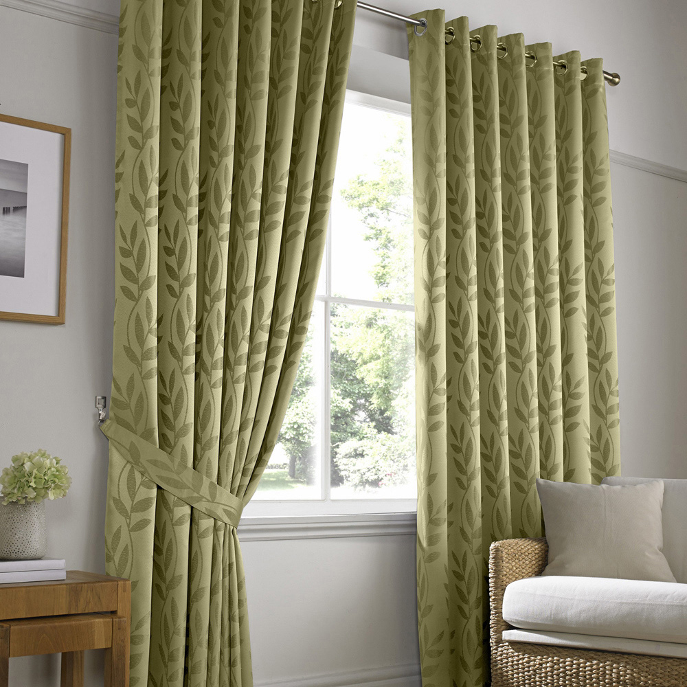 Alan Symonds Dupion Green Leaf Jacquard Ring Top Eyelet Curtains 168 x 137cm Image 1