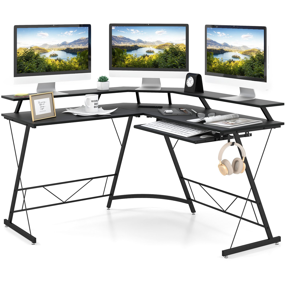 Costway 2 Shelf L Shaped Computer Desk with Power Outlet Black Image 3