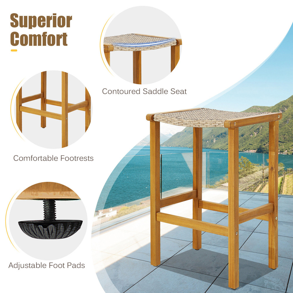 Costway Acacia Wood PE Wicker Bar Stool Set of 2 Image 8