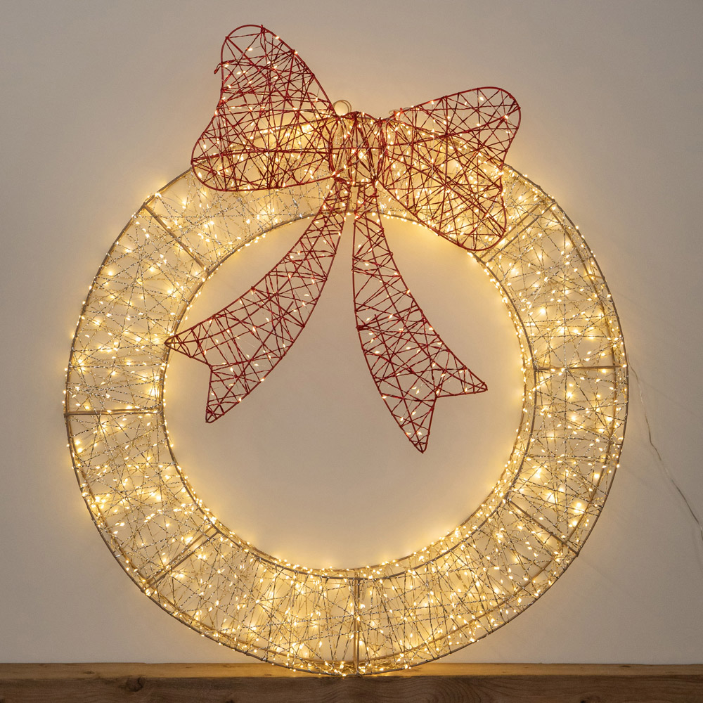 Samuel Alexander 1440 Warm White LED Gold Twist Christmas Wreath with Red Bow 90cm Image 1