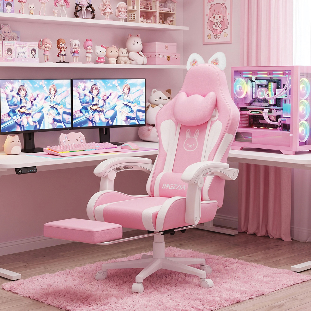 Rattrix Pink Cat Ears Gaming Chair with Massage Lumbar Support and Footrest Image 4