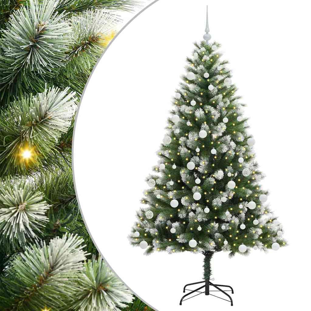vidaXL Pre-Lit White Baubles Green Artificial Snow Tipped Hinged Christmas Tree 6ft Image 2