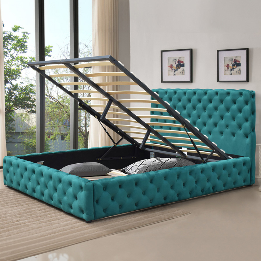 Comfy Living King Size Green Tufted Fabric Gaslift Bed Frame Image 1