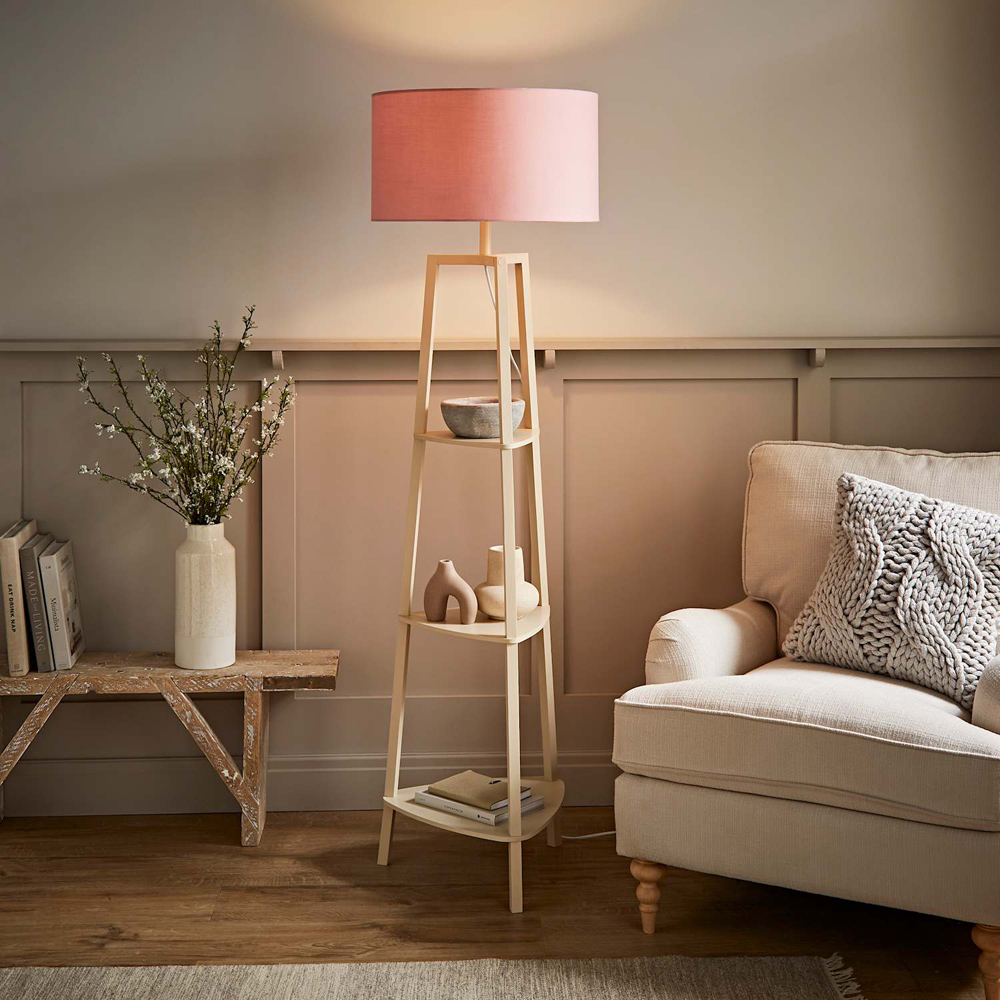 ValueLights Hiru Blush Drum Shade Cream 3-Tier Shelf Floor Lamp with Bulb Image 6