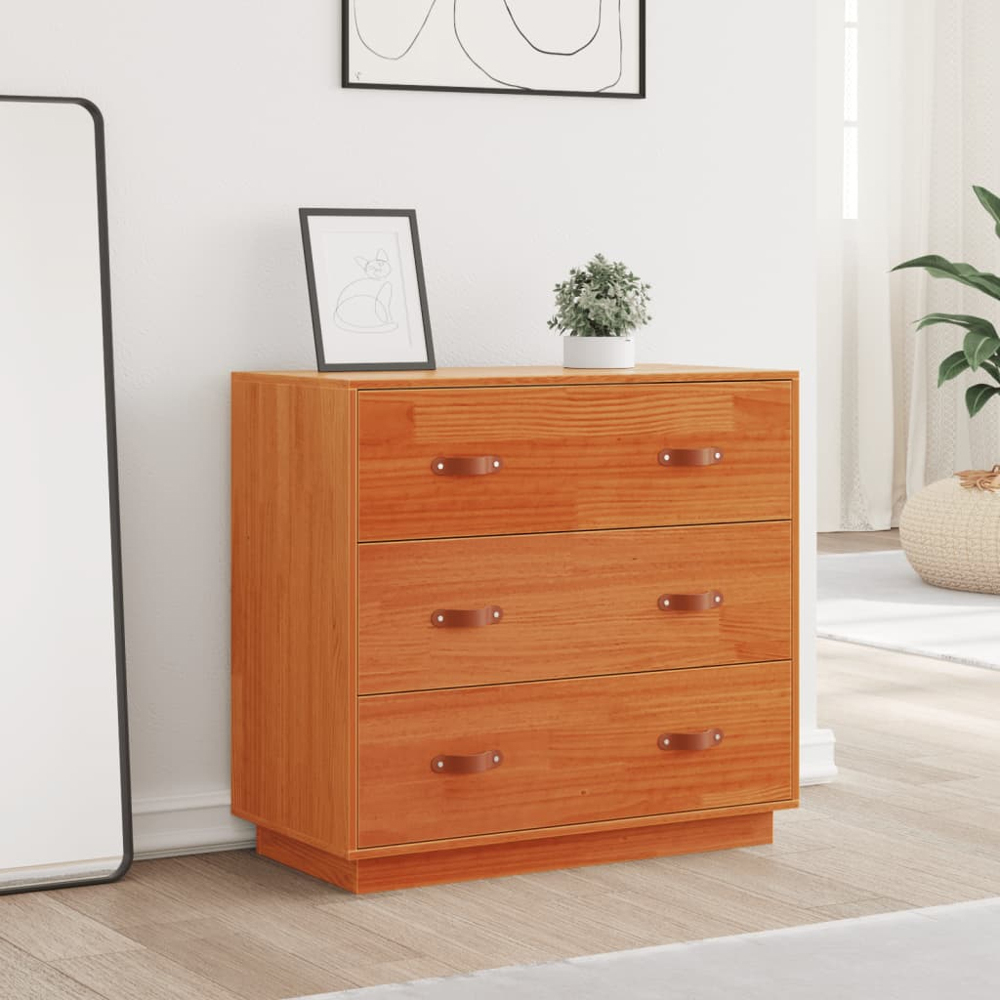 vidaXL 3 Drawer Wax Brown Solid Pine Wood Sideboard Image 3