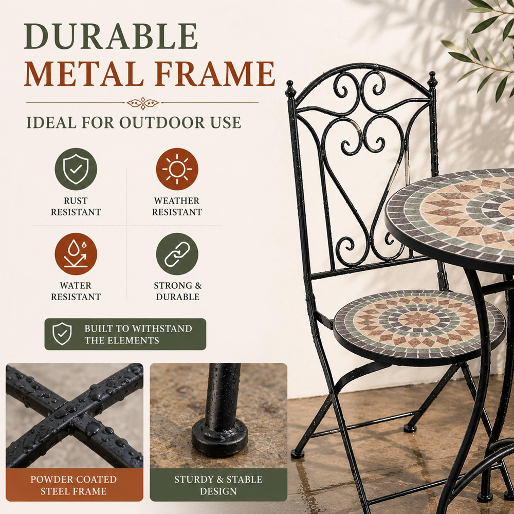 Shatchi Marrakech 2 Seater Mosaic Ceramic Tile Top Foldable Bistro Set Image 4