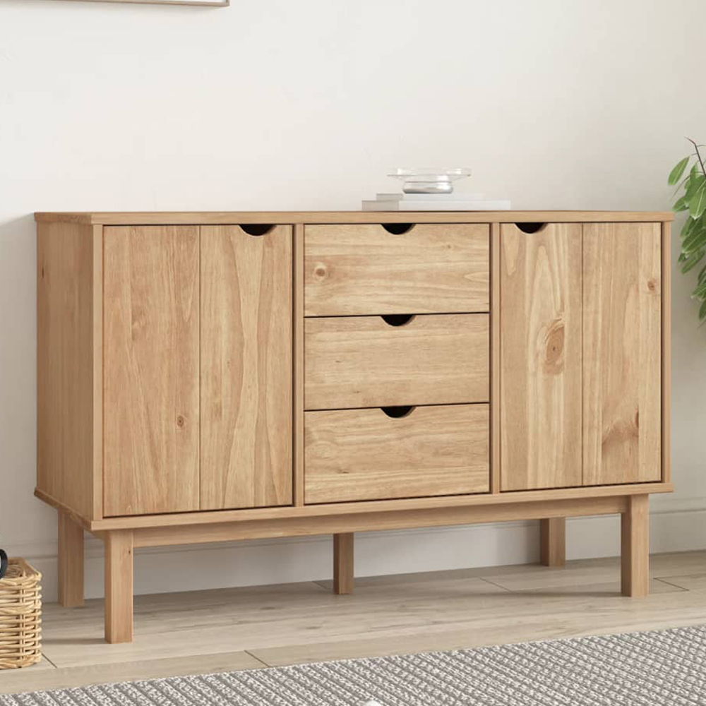 vidaXL 2 Door 3 Drawer Brown Pine Wood Sideboard Image 1