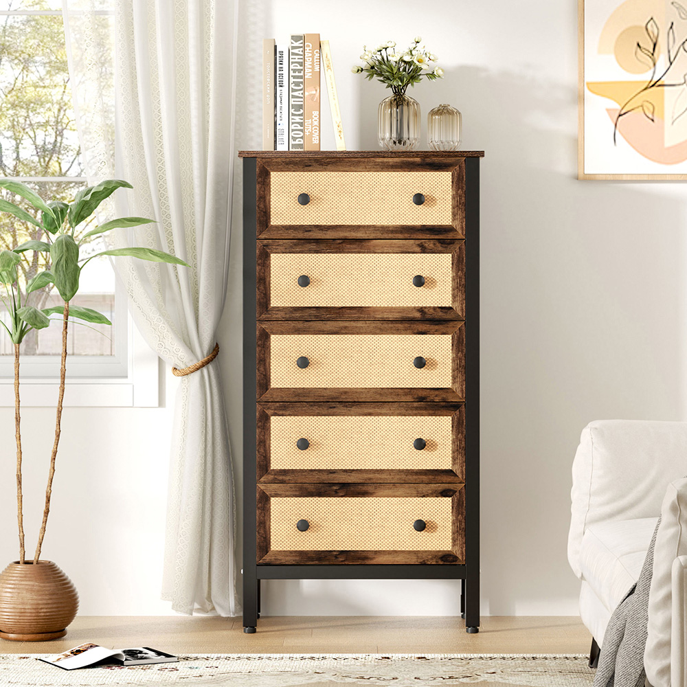 H&O Direct 5 Drawer Rattan Detailing Rustic Cabinet Image 5