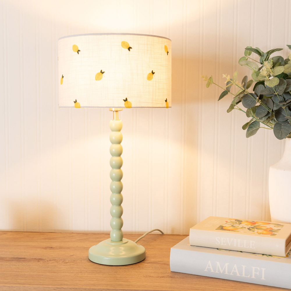 ValueLights Bobbins Lemon Embroidered Drum Shade Sage Green LED Table Lamp Image 2
