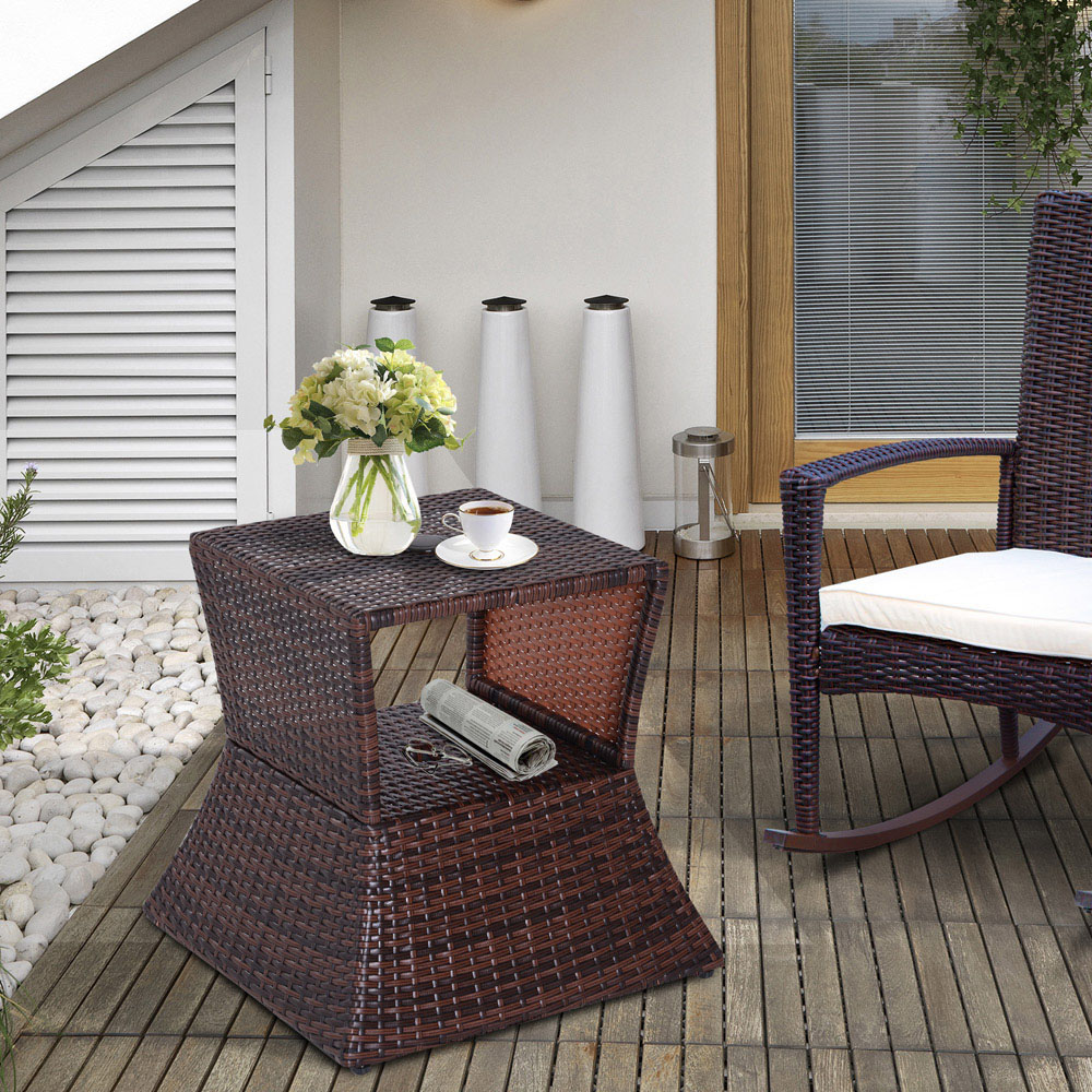 Outsunny Brown Wicker Bistro Side Table with Parasol Hole Image 7