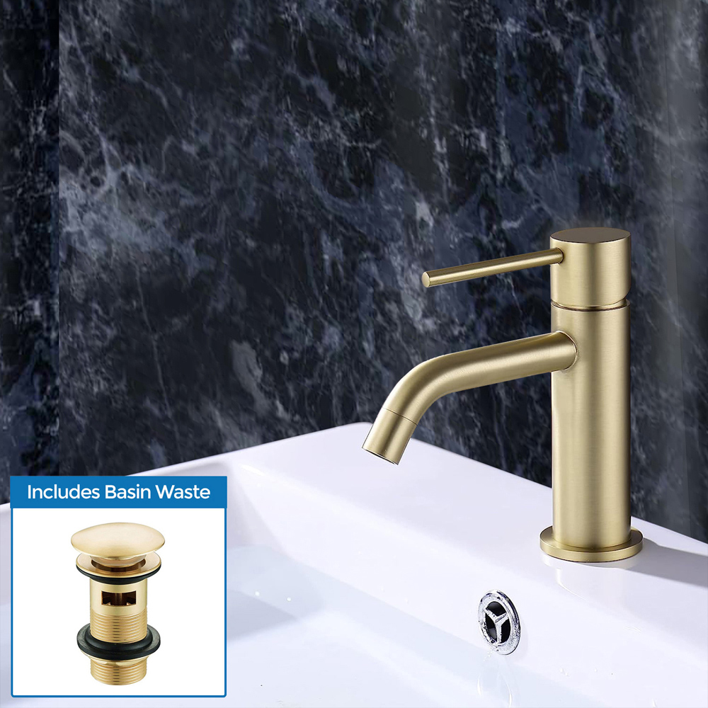 Nes Home Alice Modern Brushed Brass Round Basin Mono Mixer Tap with Waste Image 2