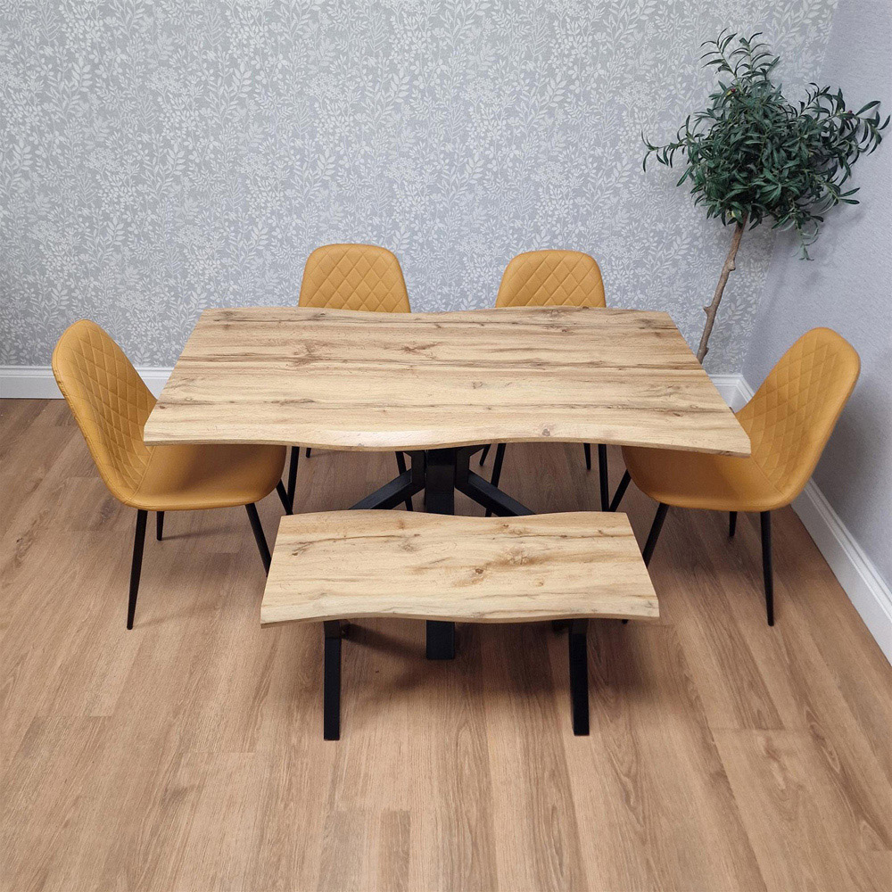 Portland 6 Seater Gem Pattern Wooden Tabletop Dining Bench Set Mustard Image 4
