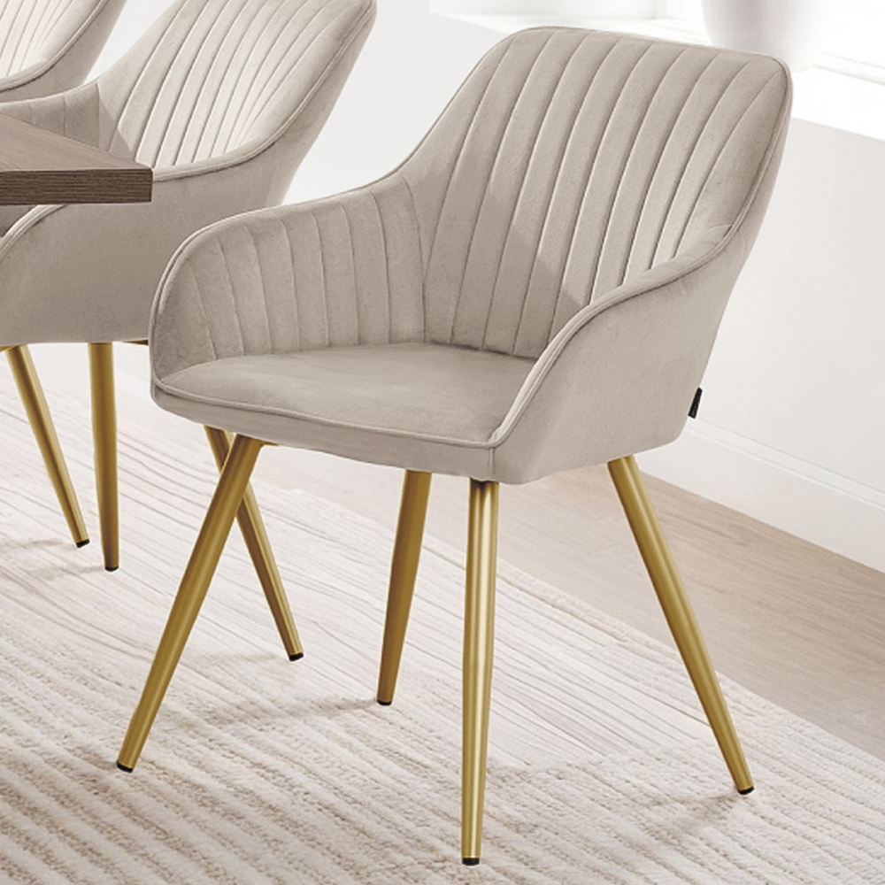 Tectake Marilyn Set of 2 Taupe and Gold Quilted Velvet Continuous Backrest Dining Chair Image 1