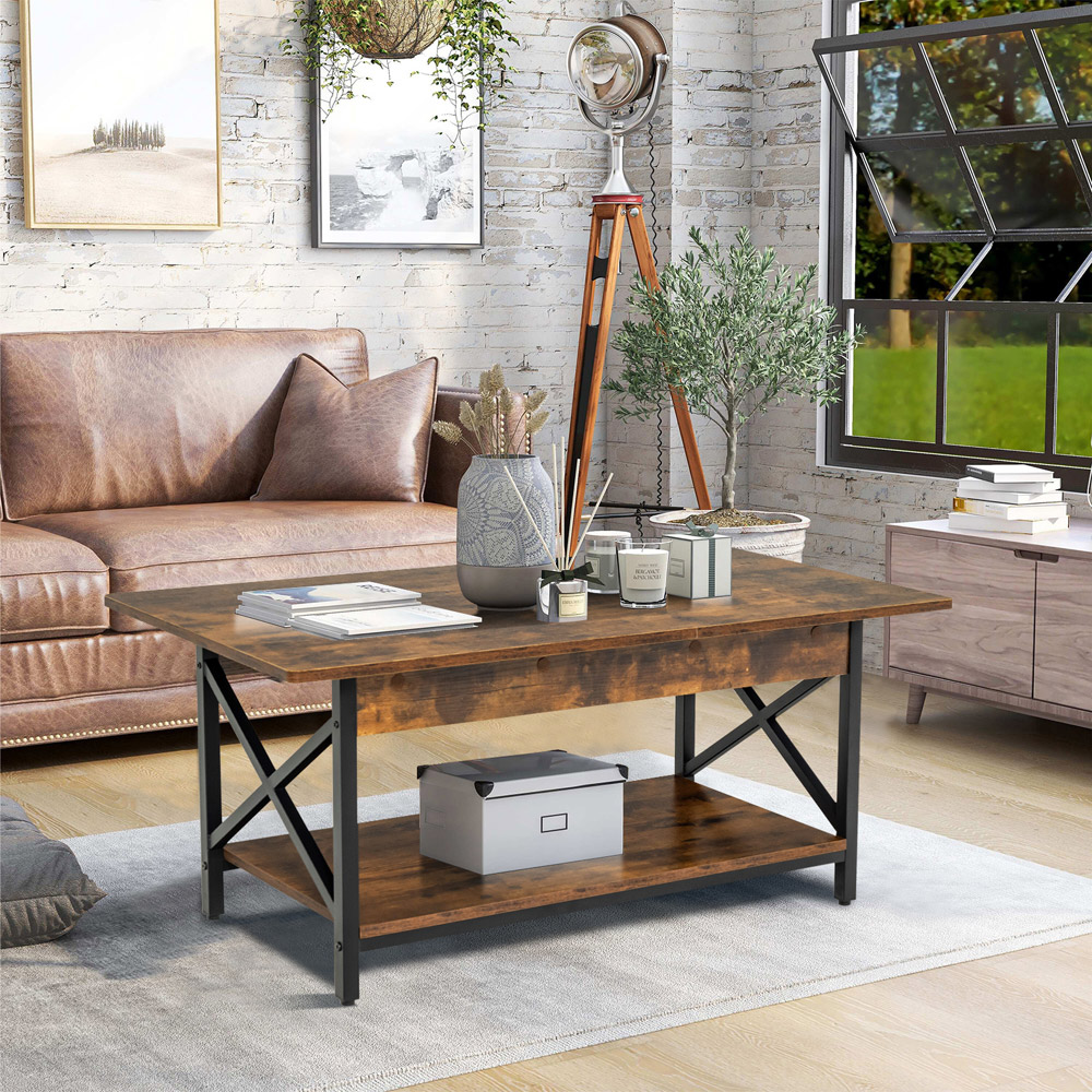Costway Single Shelf Rustic Brown Industrial Style Coffee Table Image 3