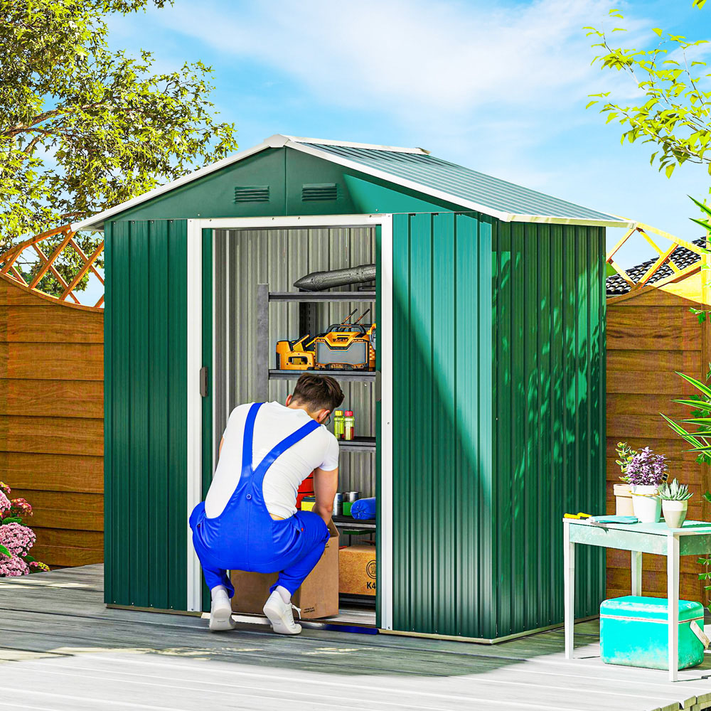 Outsunny 6.3 x 3.6ft Green Metal Apex Garden Shed Image 2