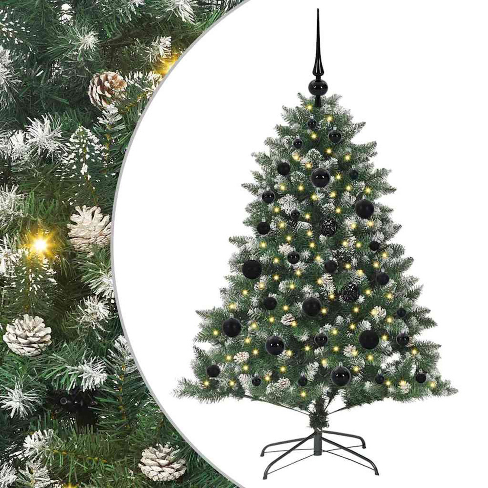 vidaXL Pre-Lit Black Bauble Pinecones Green Snow Flocked Artificial Christmas Tree 4ft Image 6