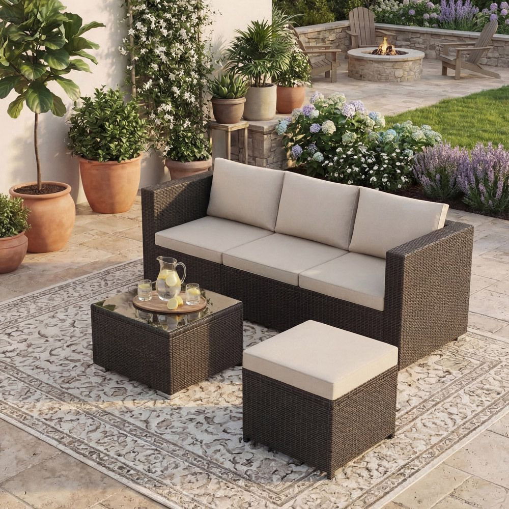 GARDEN VIDA Hampton 4 Seater Brown Rattan Corner Lounge Set Image 4