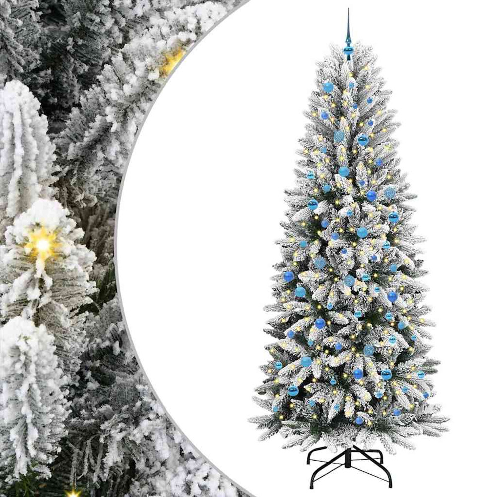 vidaXL Pre-Lit Blue Baubles Artificial Snow Flocked Christmas Tree 8ft Image 2