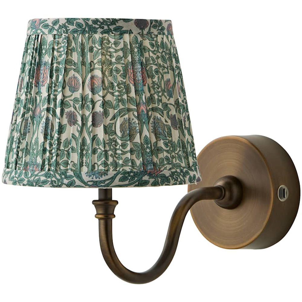 ValueLights Lowe Green Floral Pleated Shade Brass Rechargeable Wall Light with Bulb Image 1