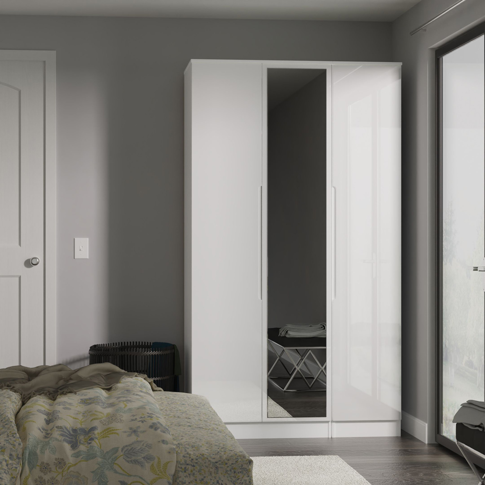 Crowndale Milan 3 Door White Gloss and White Tall Mirror Wardrobe Ready Assembled Image 8