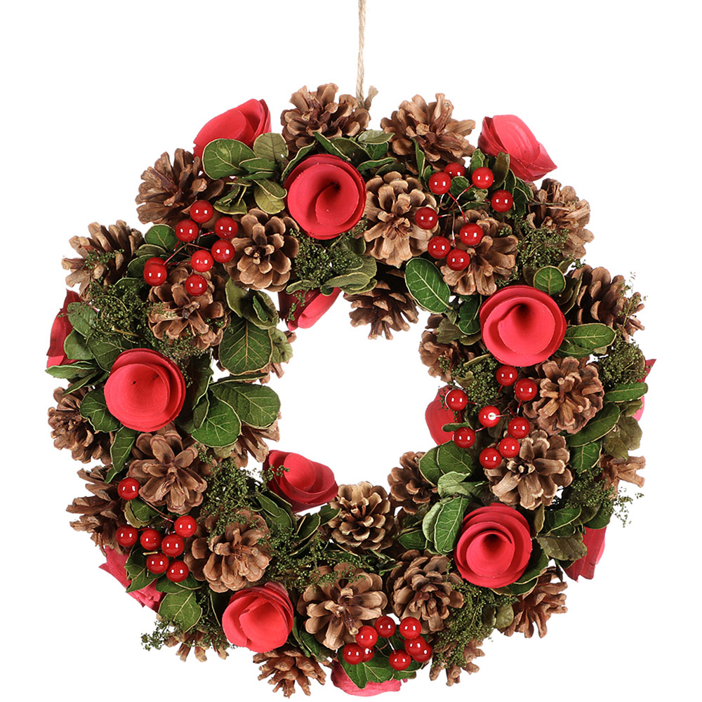 Dibor Winter Christmas Wreath with Red Berries and Roses 36cm Image 1