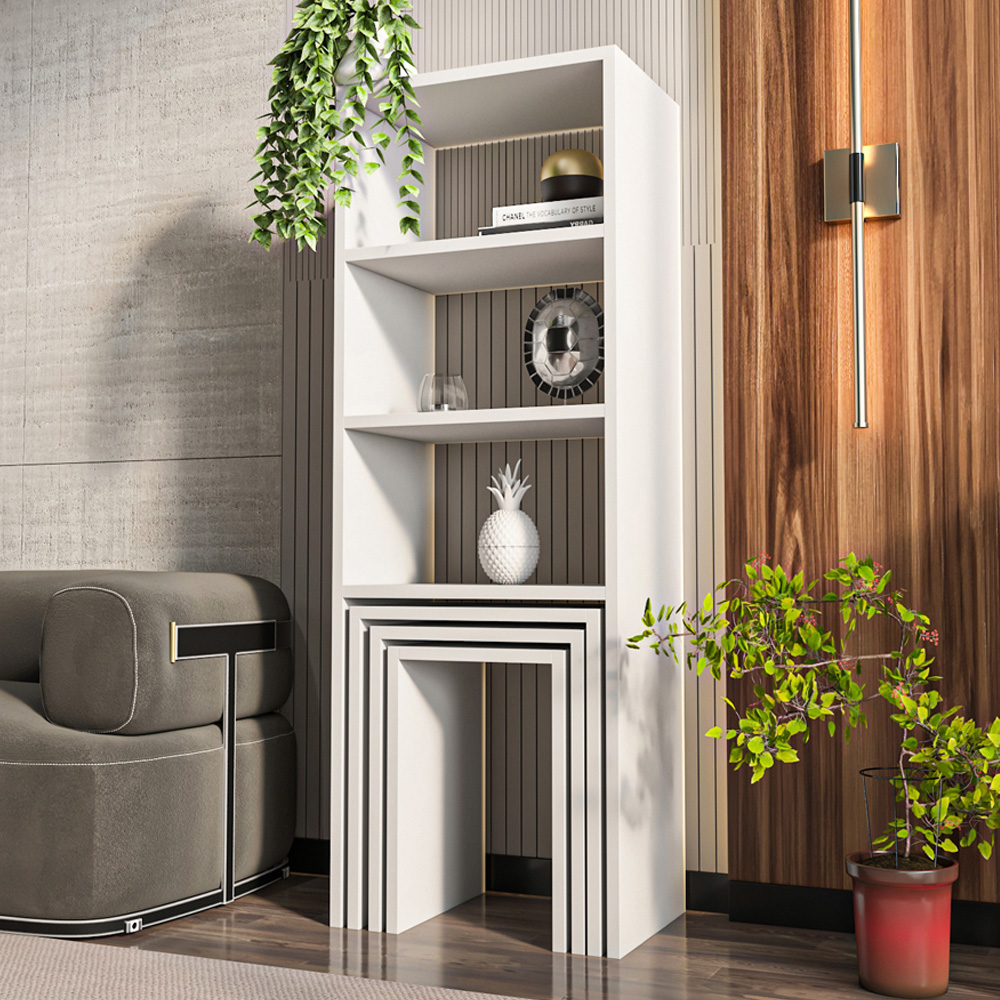 Decorotika Modern Melo 3 Shelf White Bookcase with Nest of Tables Set of 3 Image 1