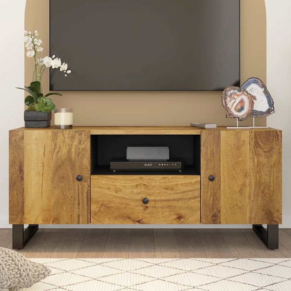 vidaXL 2 Door Single Drawer Single Shelf Honey Brown Solid Mango Wood TV Cabinet Image 1