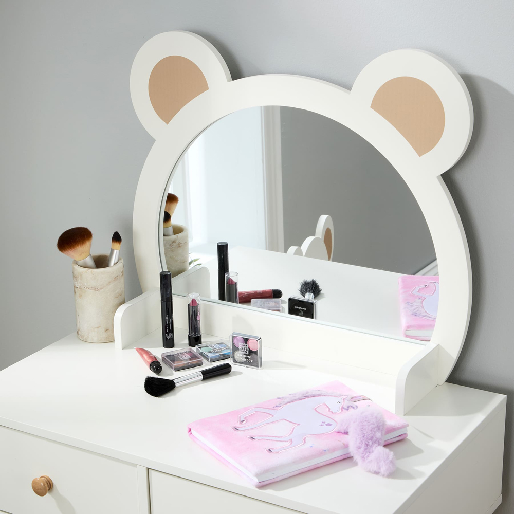 Home Source Ted 2 Drawer White Bear Design Kids Dressing Table Set with Mirror Image 5