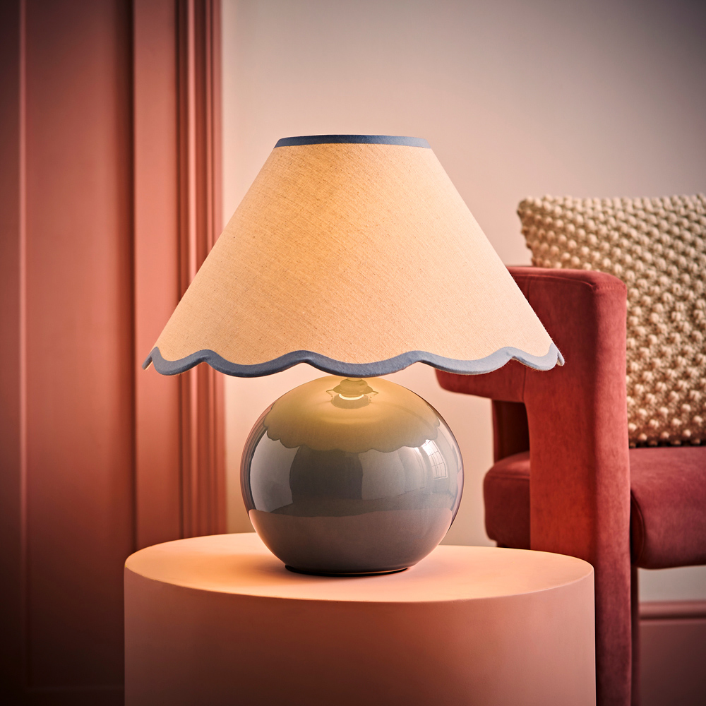 ValueLights Bosco Eucalyptus Teal Blue Trim Scallop Shade Ceramic LED Table Lamp Image 6