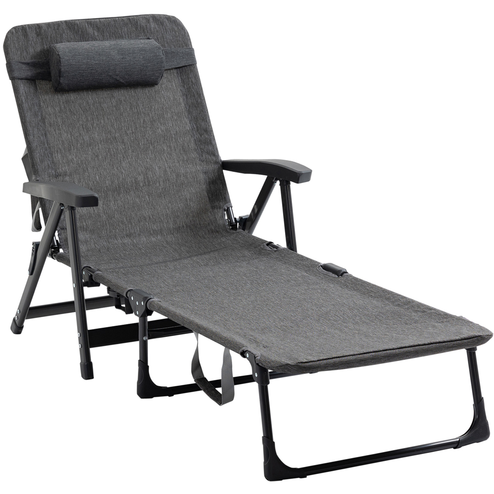 Outsunny Dark Grey Recliner Folding Sun Lounger with Pillow and Cup Holder Image 2