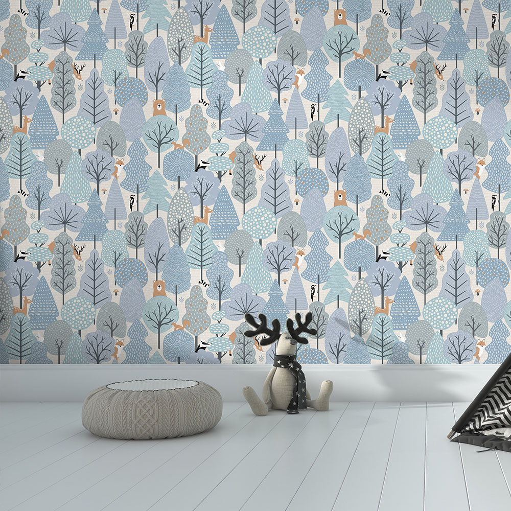 Muriva Wild Wood Blue and Cream Wallpaper Image 2