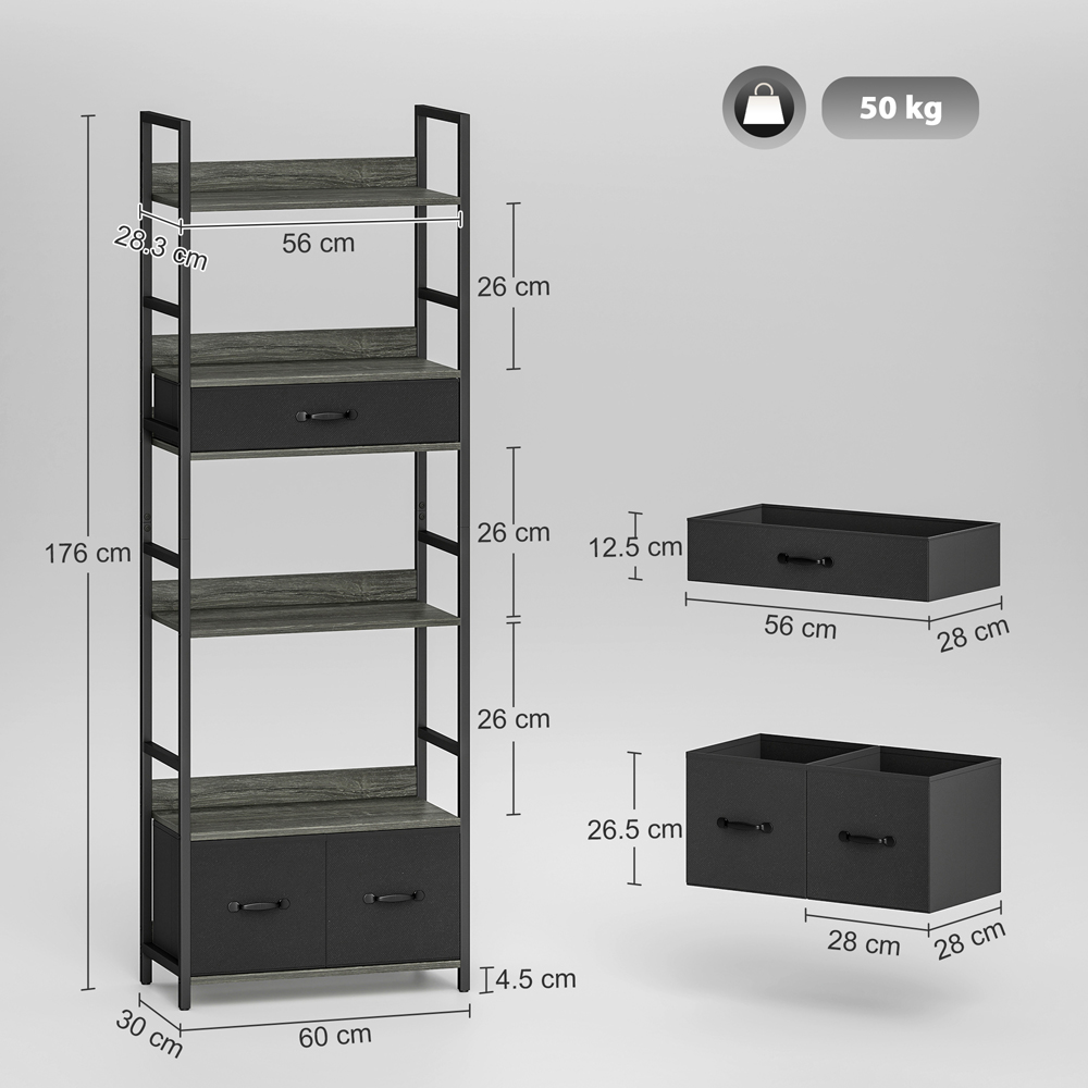 Portland 3 Fabric Drawer and 4 Shelf Grey Industrial Bookcase  Image 9