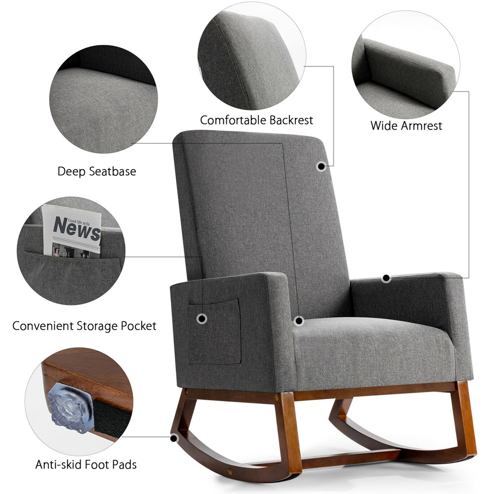 Costway Grey Upholstered Fabric Rocking Armchair Image 6