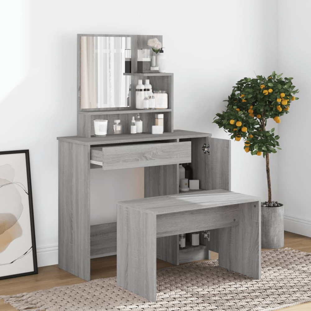 vidaXL Single Door Single Wide Drawer Grey Sonoma Dressing Table with Mirror Image 8