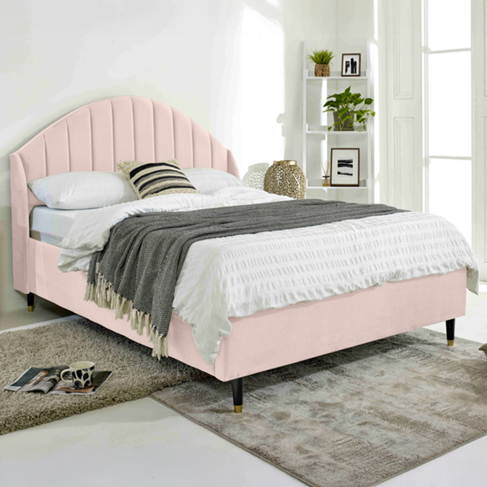 Eleganza Elysium King Size Pink Plush Velvet Bed Frame with Curved Winged Headboard Image 1