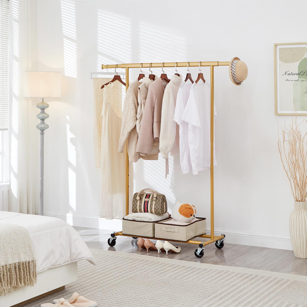 House Of Home Single Shelf Gold Heavy-Duty Adjustable Rolling Clothes Rail Image 4