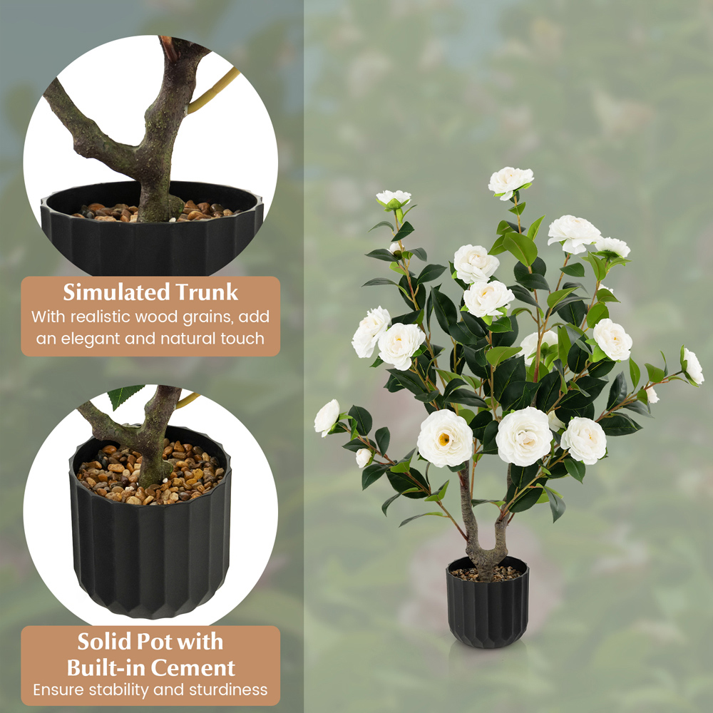 Costway White Flowers Camellia Tree Artificial Plant In Pot 3.1ft Image 4