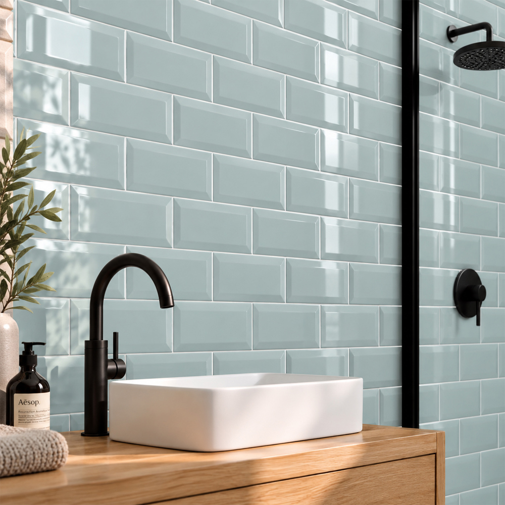 Go Bathrooms Metro Powdered Blue Gloss Ceramic Wall Tile 100 x 200mm 50 Pack Image 1
