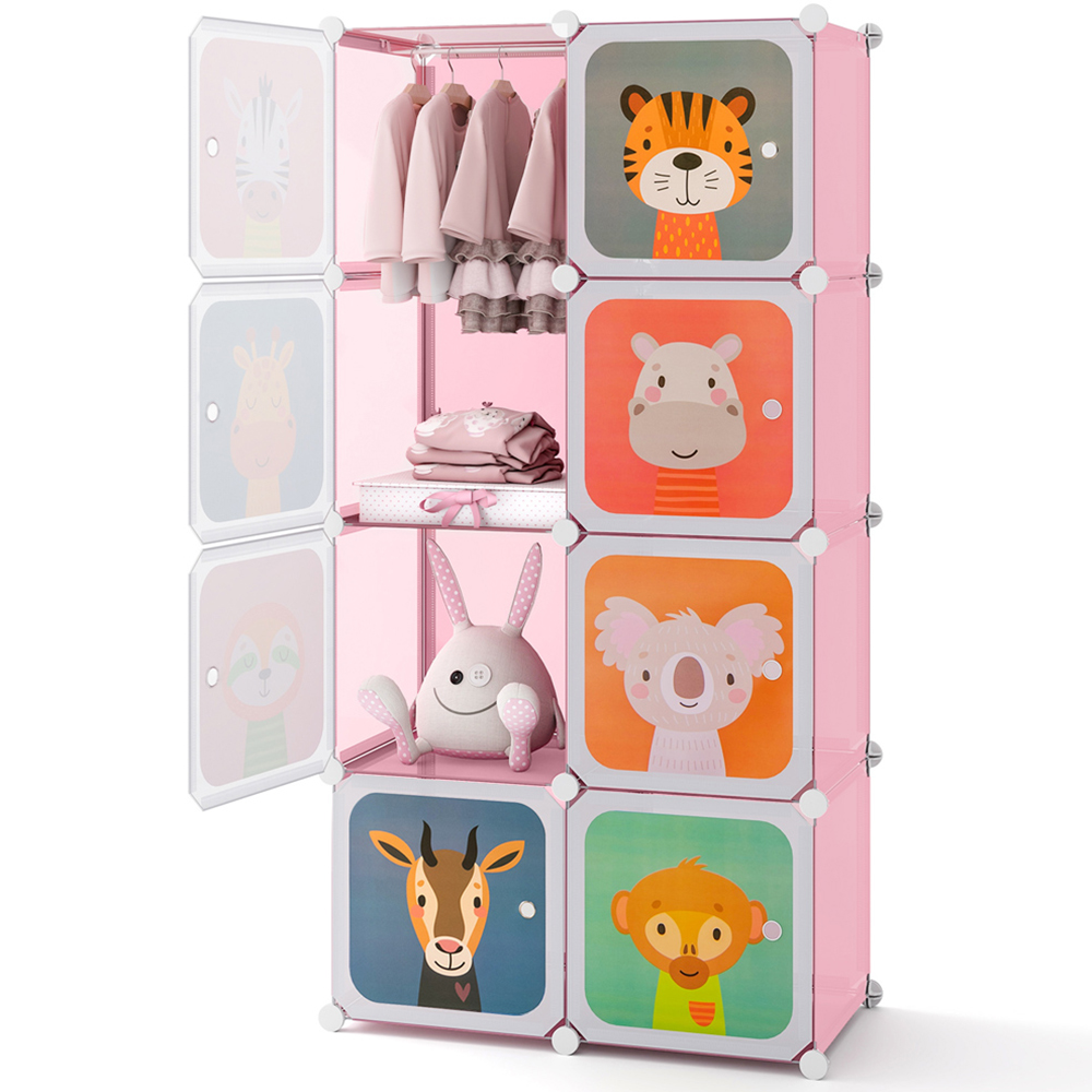 Costway 8 Cube Pink Portable Kids Wardrobe with Hanging Section Image 3