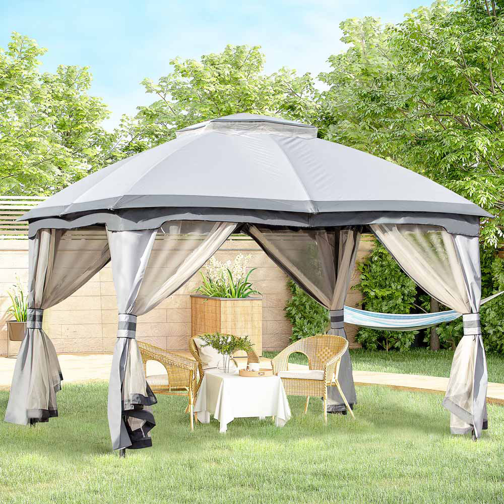 Outsunny 3.7 x 3m 2 Tier Grey Roof Gazebo with Sides Image 1