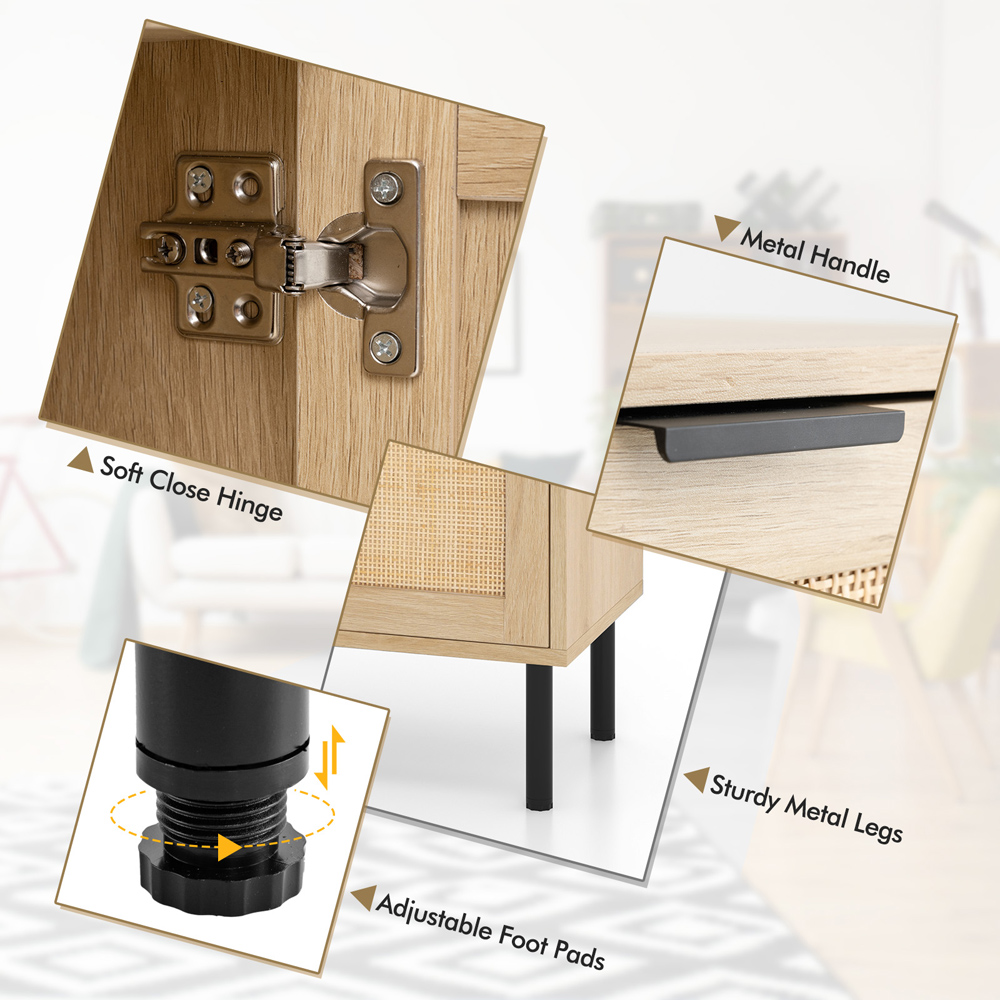 Costway Single Door Single Drawer Natural Rattan Nightstand Set of 2 Image 7