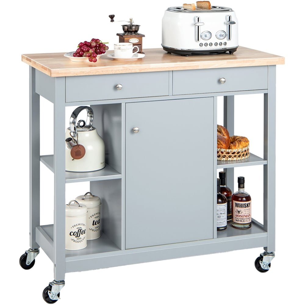 Costway Grey Rolling Kitchen Island Cart with Rubber Wood Top Image 1
