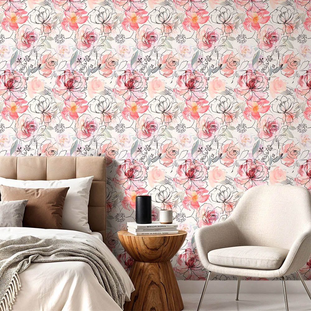 Living and Home Floral Pattern Pink Peel and Stick Wallpaper Image 7