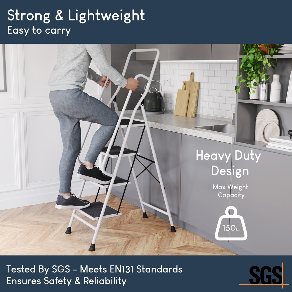 HOME VIDA White 4 Step Ladder with Handrail Image 7