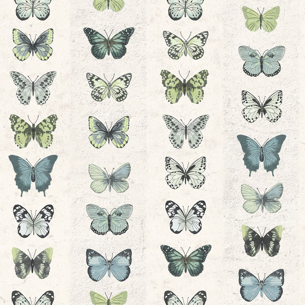 Galerie Organic Textured Butterflies Stripe Blue Beige Green Wallpaper Image 1