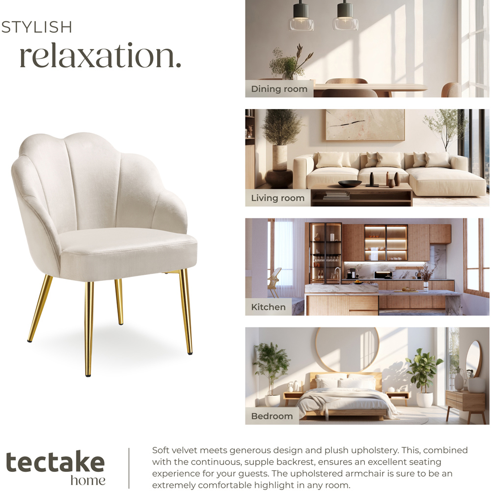tectake Hellen Set of 2 Cream and Gold Shell Shaped Velvet Accent Chair Image 7